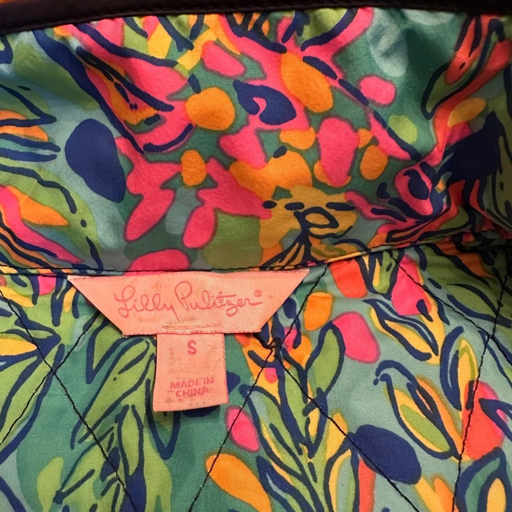 Lilly Pulitzer Navy Quilted Reversible Vest with Gold Buttons and Floral Lining